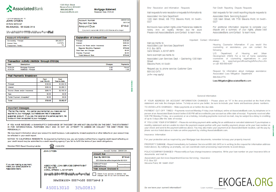 Relevé hypothécaire de la banque USA Associated, 2 pages SCR